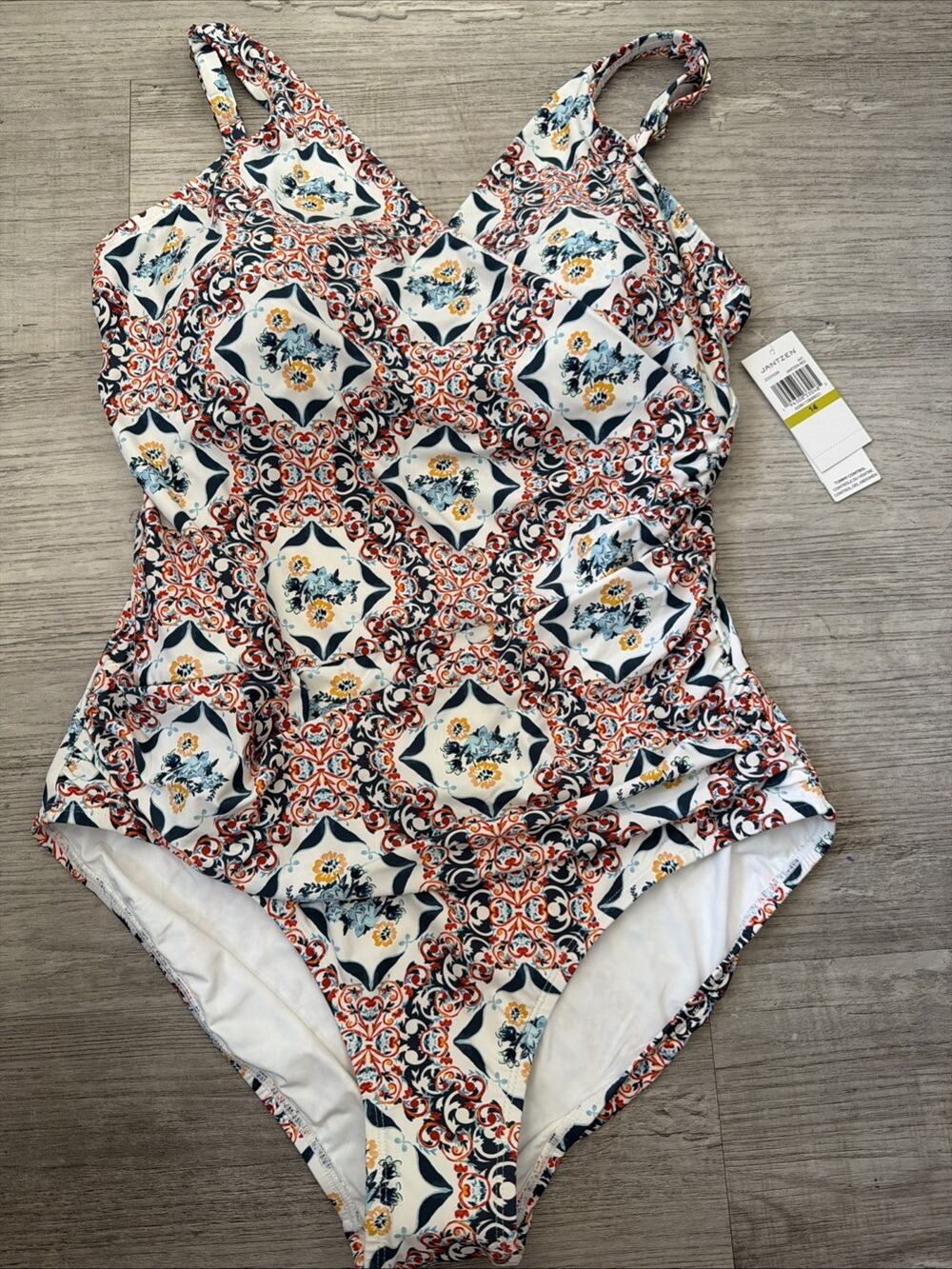 Jantzen Womens Tummy Control One Piece Swimsuit Red Blue Medallion Print Size 14